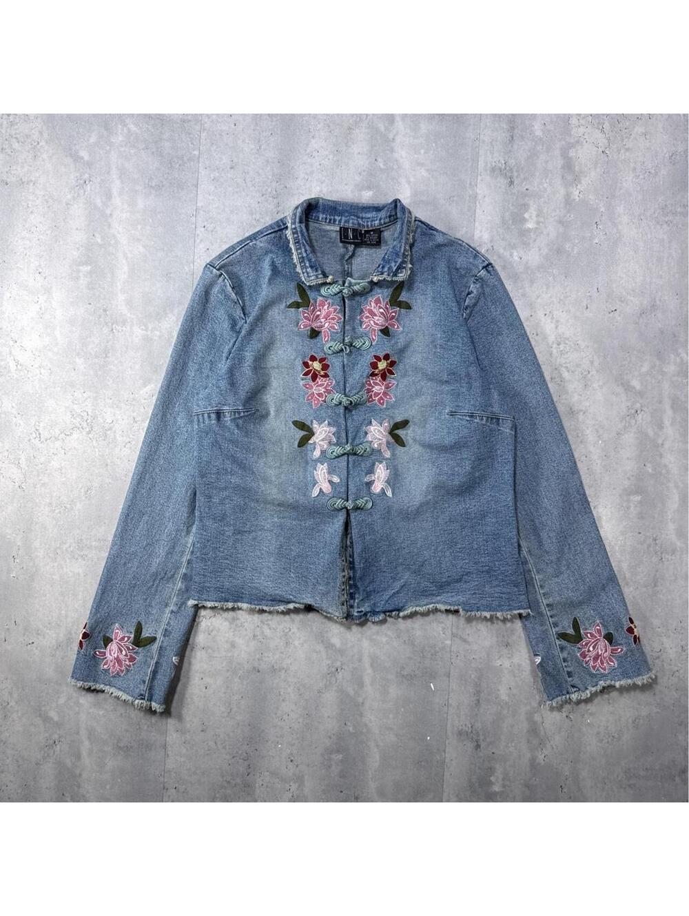 Y2K INC Denim Vintage Flower Embroidered Jacket